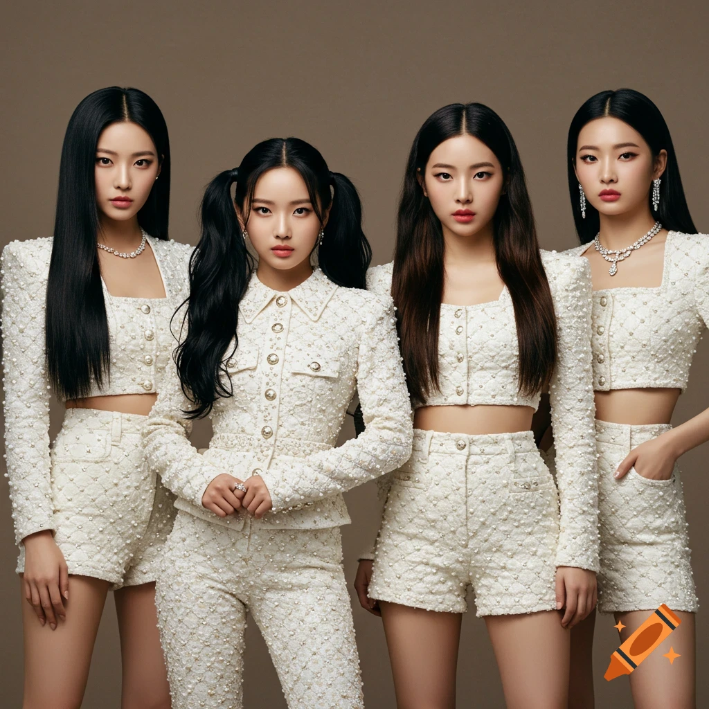 Four K-pop girls in pearl-white stage outfits stand against a soft brown studio backdrop.