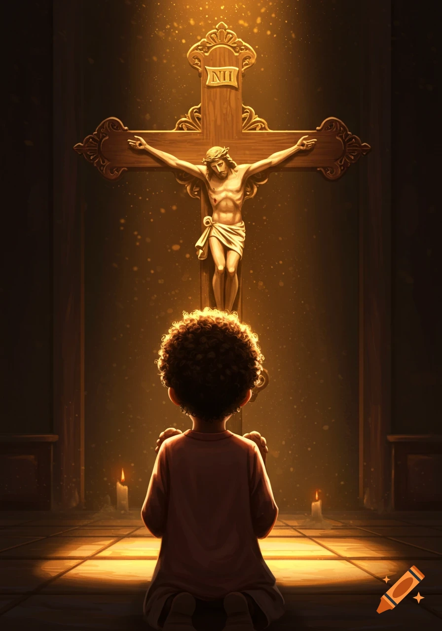 A brown boy with curly hair kneels, seen from behind, praying before a golden crucifix in a softly lit, dark room.