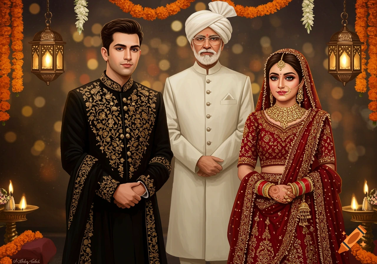 A Pakistani groom in black sherwani, bride in red lehenga, and older man in white sherwani at a decorated wedding ceremony.