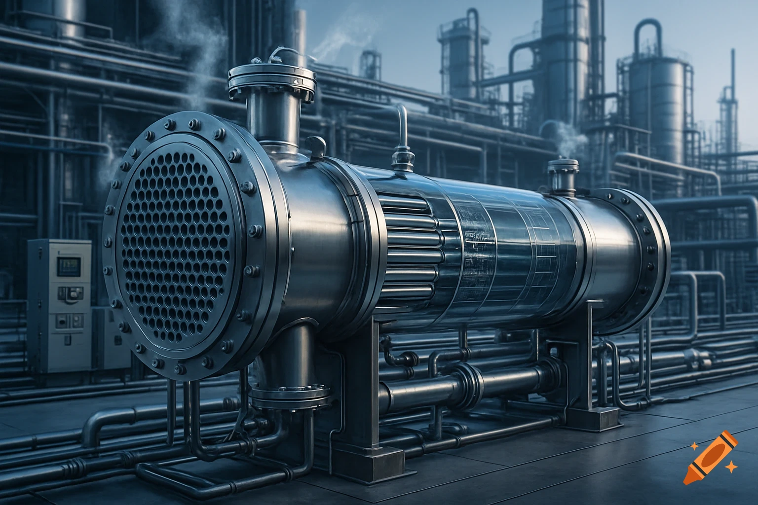 Photorealistic image of a large, metallic shell and tube heat exchanger in an industrial plant with pipes and machinery.