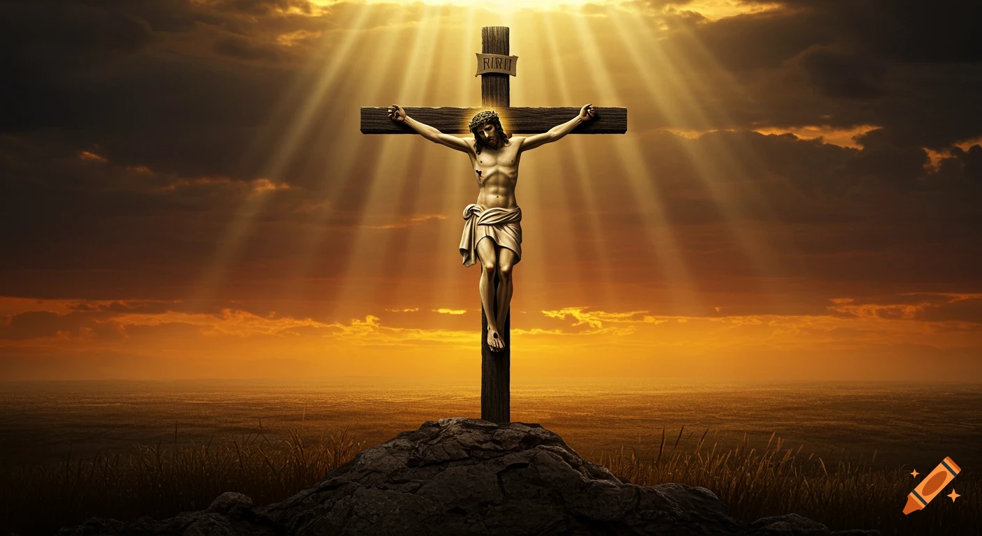 A depiction of Jesus Christ crucified on a wooden cross at sunset with golden light rays from above.