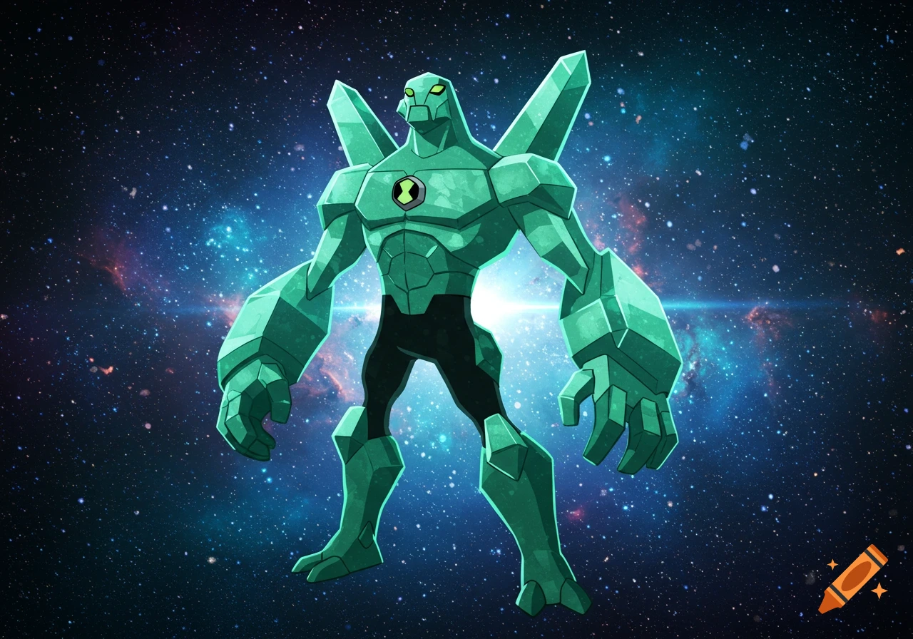 Diamondhead, a green crystalline alien superhero from Ben 10, standing against a vibrant starry galaxy background in cartoon style.