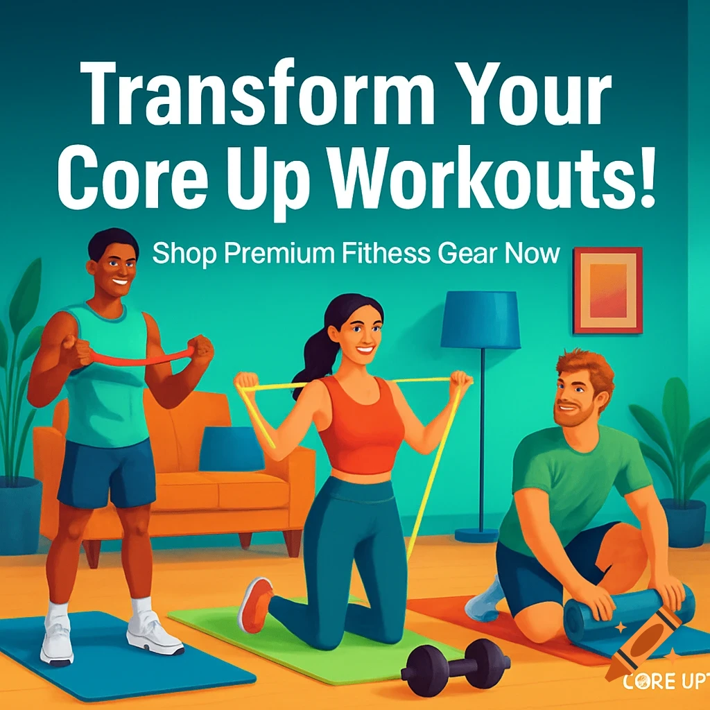 Three people, two men and one woman, are exercising indoors with resistance bands, a yoga mat, and a dumbbell, in a stylized advertisement for fitness gear.