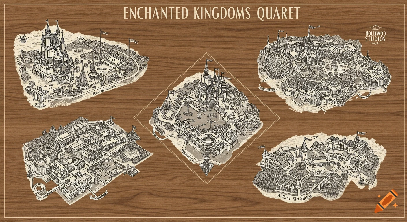 Black and white illustrated maps of five theme parks on a wood-grain background, with a central map and four surrounding ones, all in an antique style.