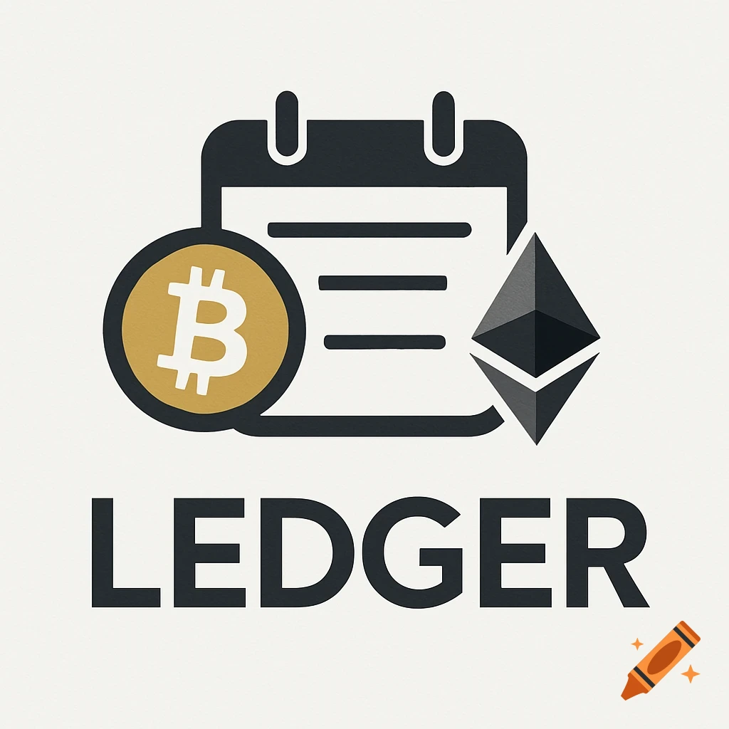 A logo featuring a calendar icon, a Bitcoin coin, an Ethereum symbol, and the word LEDGER on a white background.
