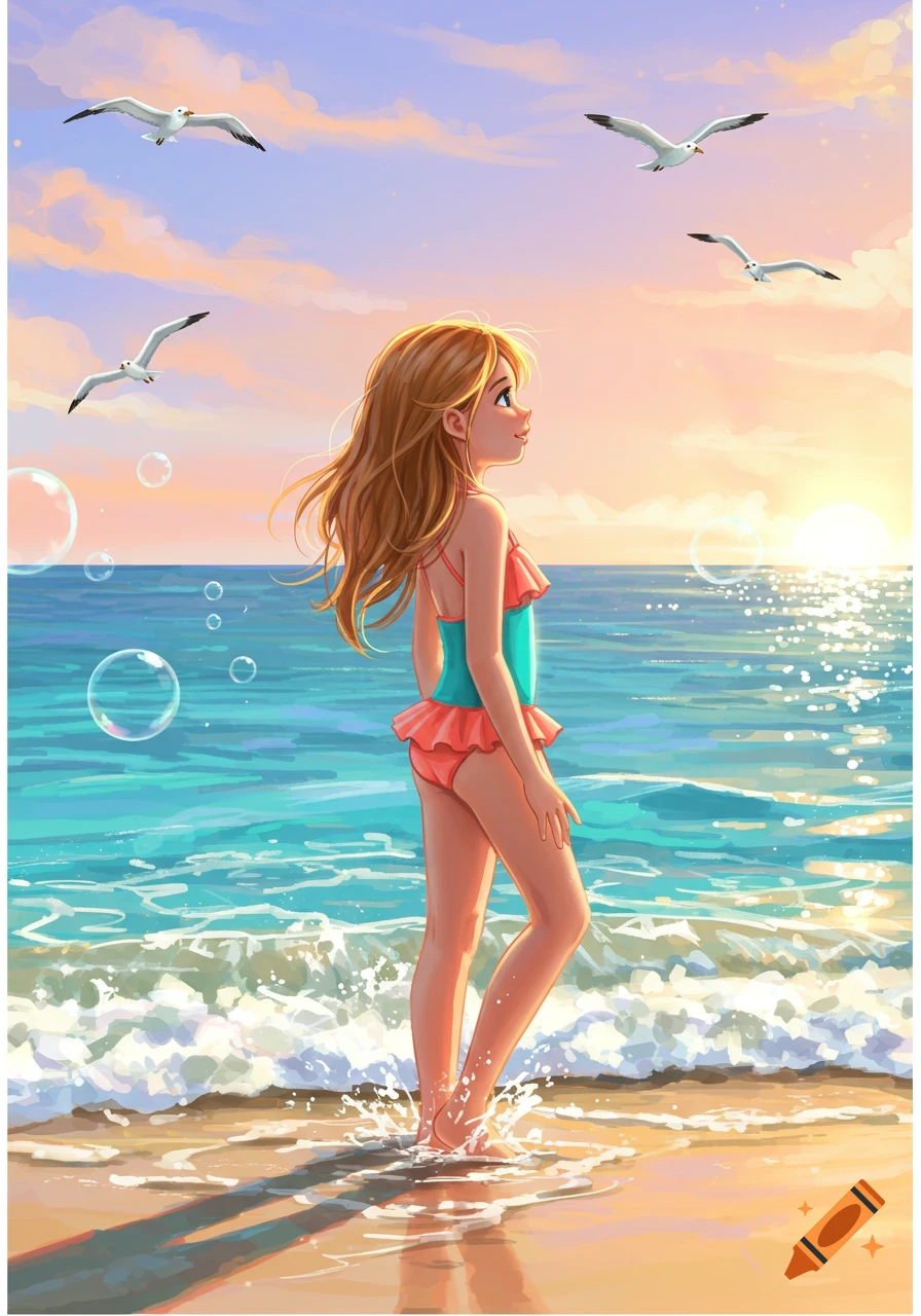 Illustrated girl in a swimsuit stands in ocean waves on a beach at sunset, looking up at seagulls.