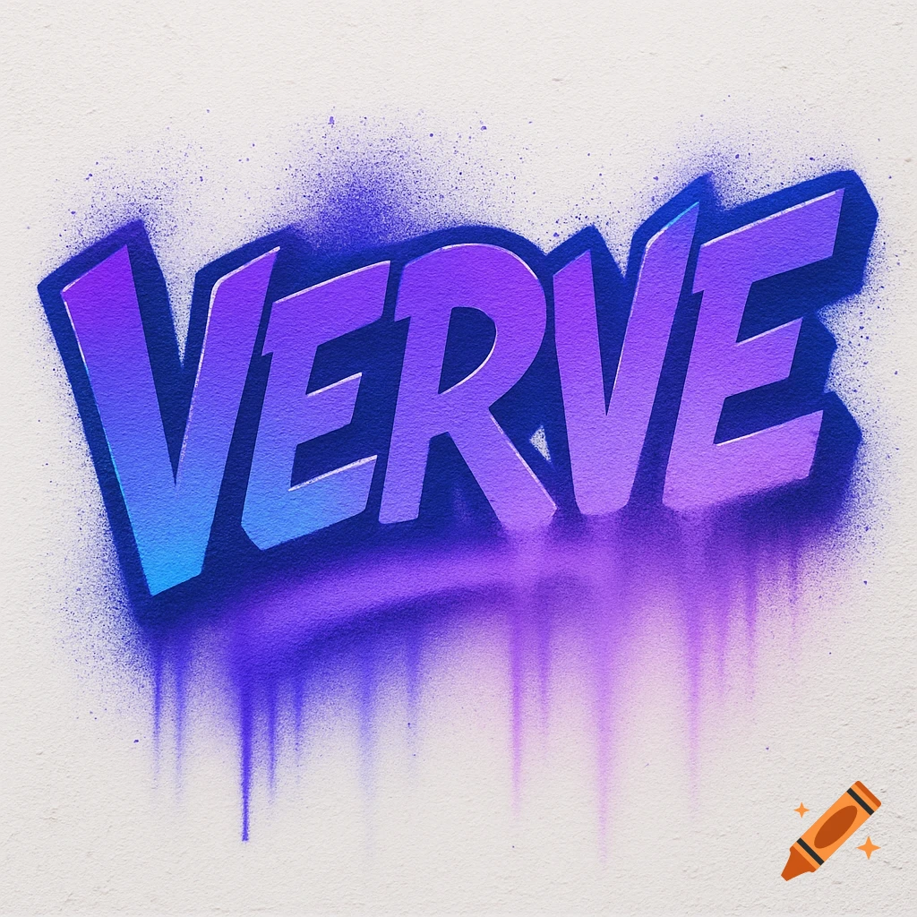 The word VERVE spray-painted in a blue to purple gradient with paint drips on a white wall.