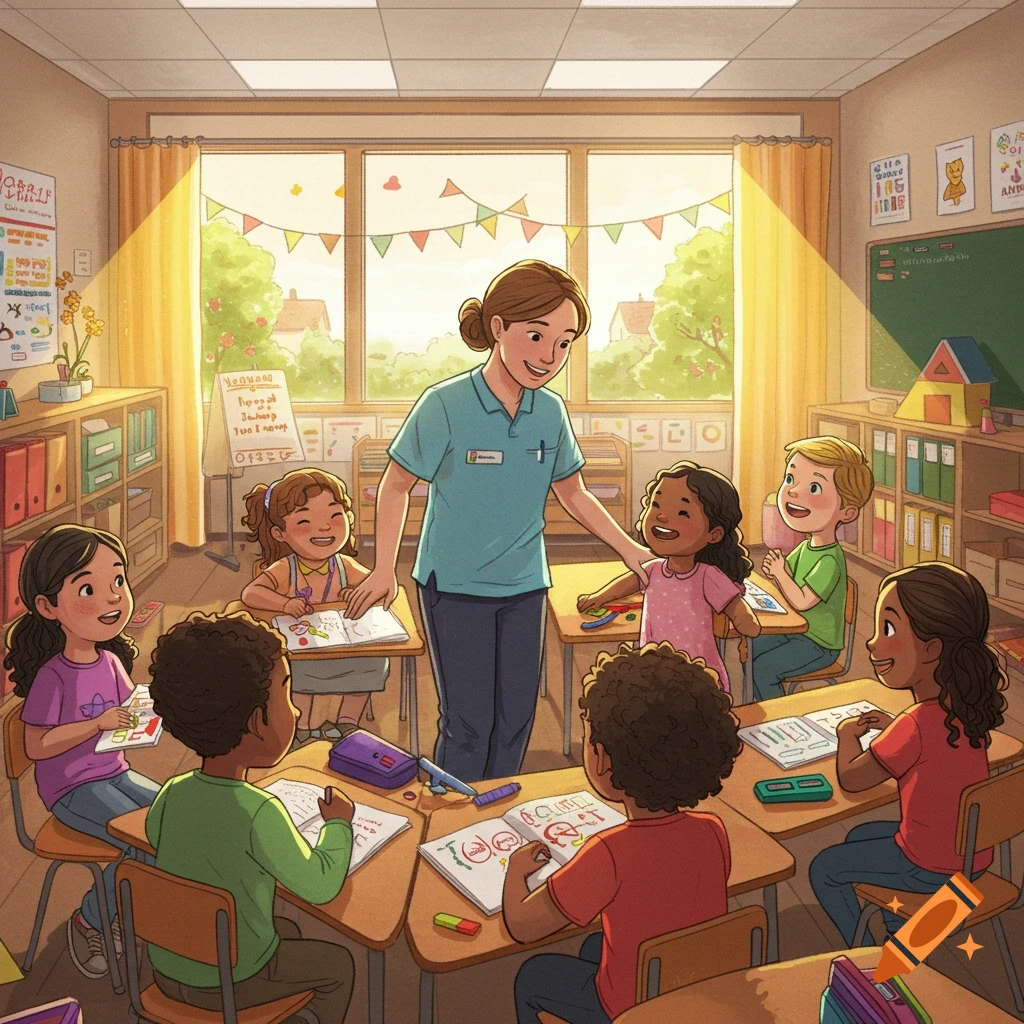 A smiling teacher stands in a bright classroom with diverse young children sitting at desks, engaged in drawing and learning activities.