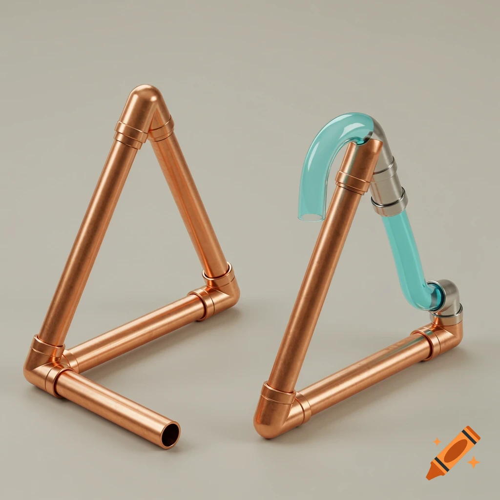 Two triangular structures made of plumbing pipes, one all copper and the other with copper, clear blue, and silver pipes.