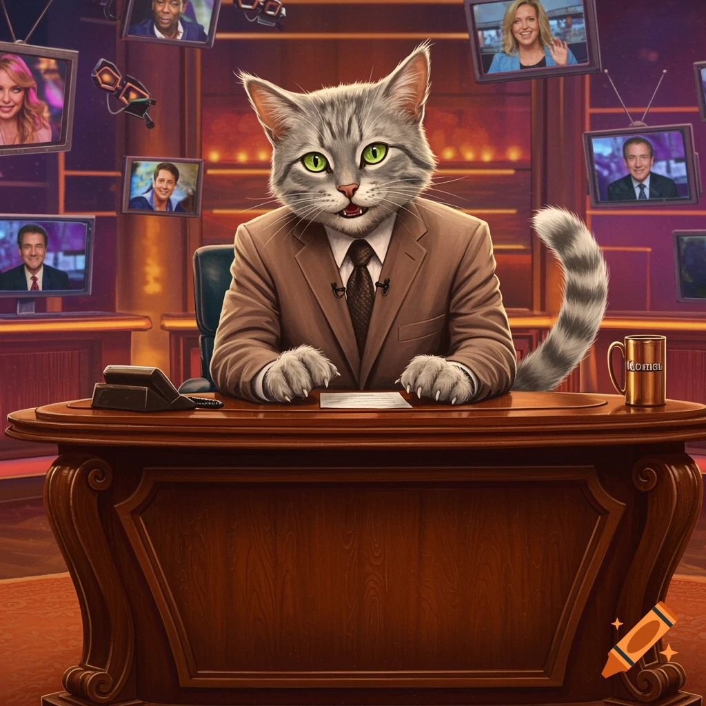 A photorealistic grey cat in a brown suit sits at a large wooden news desk, appearing as a TV anchor with screens showing various people in the background.