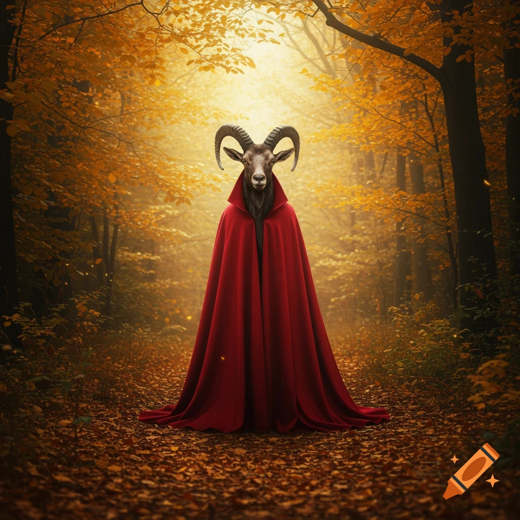 A mysterious figure with a goat's head and a long red cloak stands in a sunlit autumn forest.