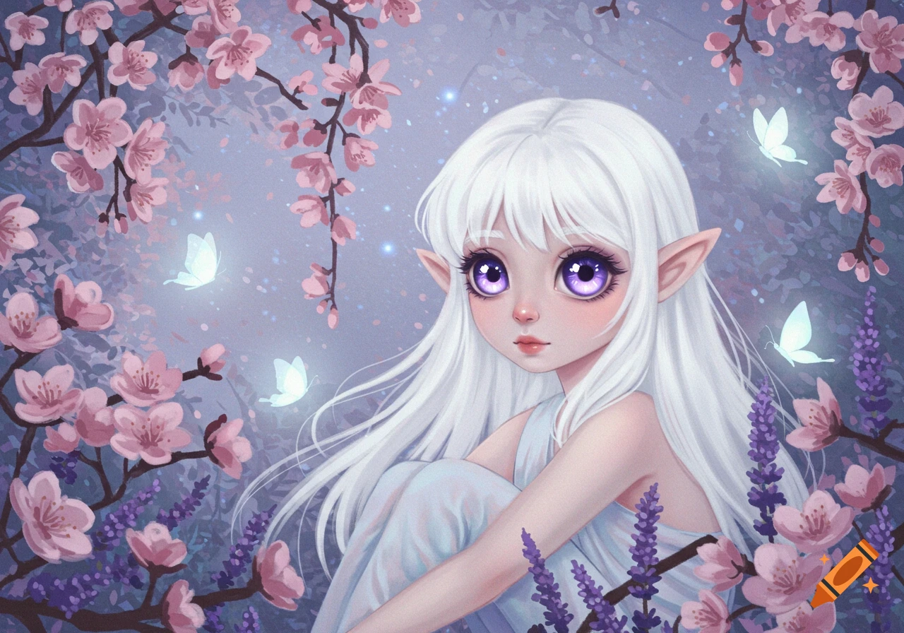 An anime-style elf girl with white hair and large purple eyes surrounded by pink cherry blossoms, purple lavender, and glowing butterflies.