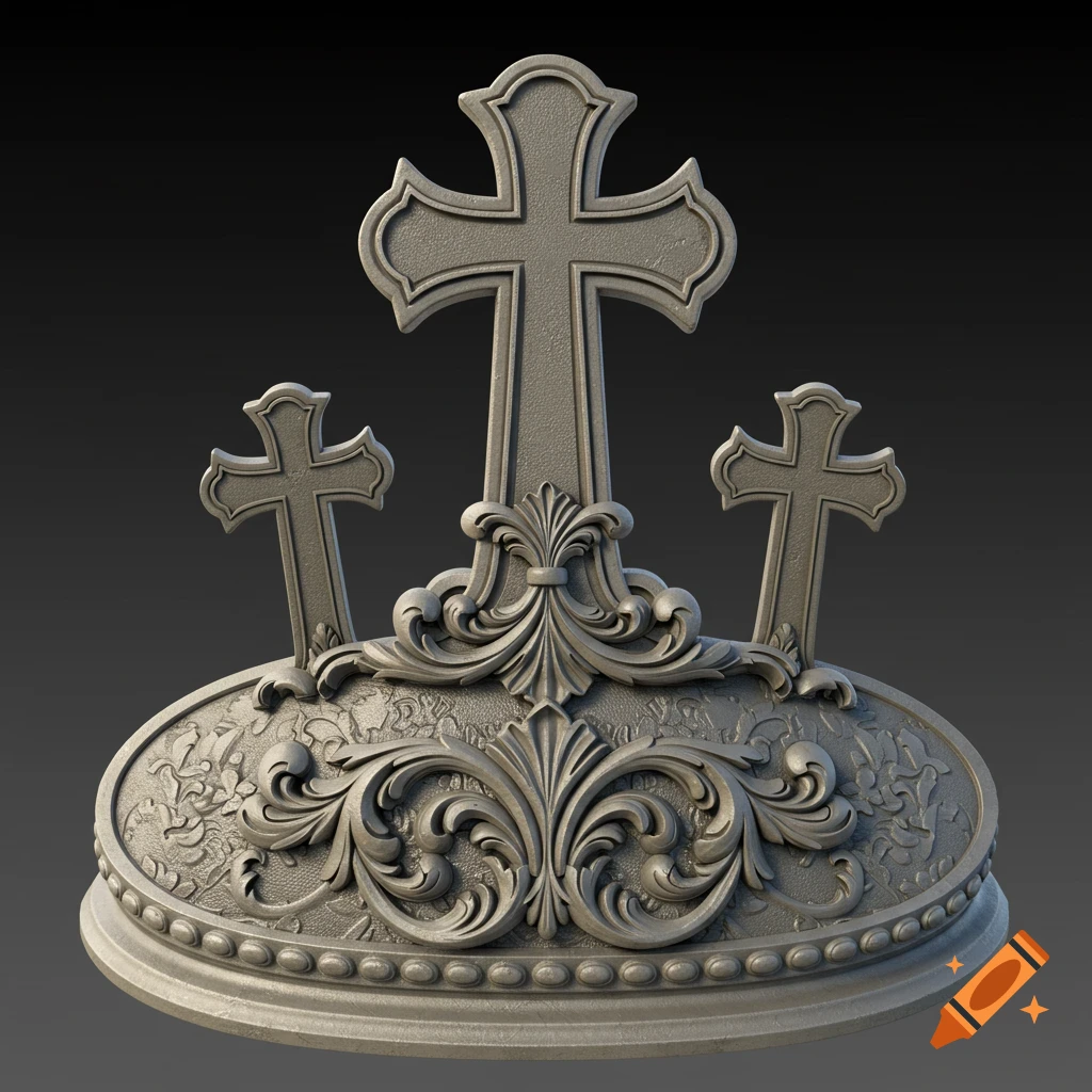 A detailed 3D render of three ornate crosses on an oval base with intricate floral carvings, appearing as a sculpture.