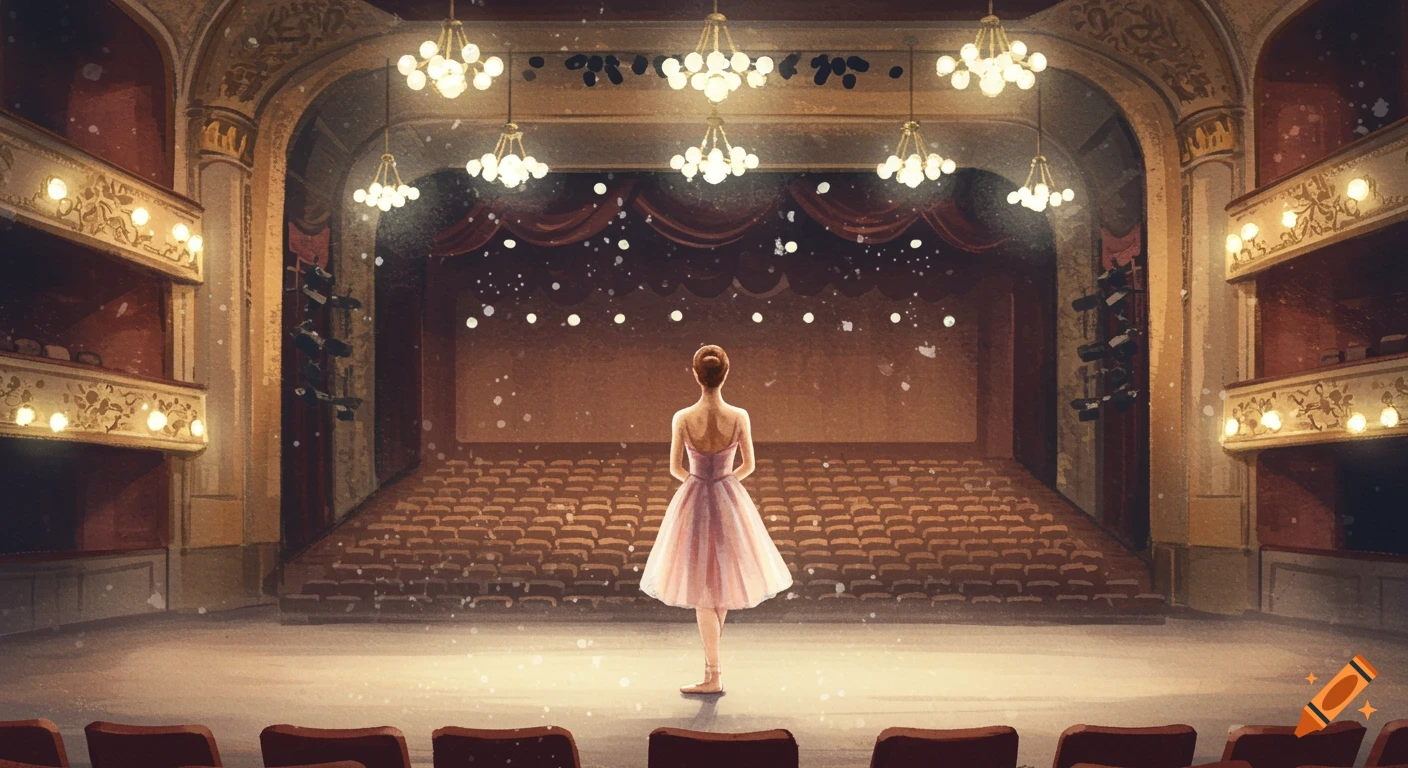 A watercolor painting of a ballerina standing alone on a grand theater stage, viewed from the audience.