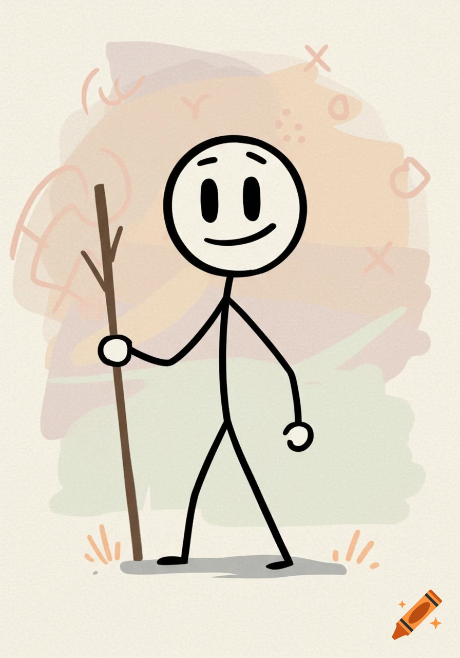 A simple stick figure with facial features stands holding a long stick, against a background of abstract, colored shapes.