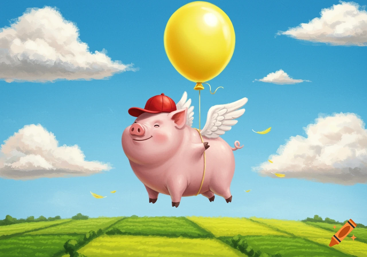 A cheerful pink pig with white wings and a red baseball cap floats in a blue sky, tethered to a large yellow balloon, above green fields.