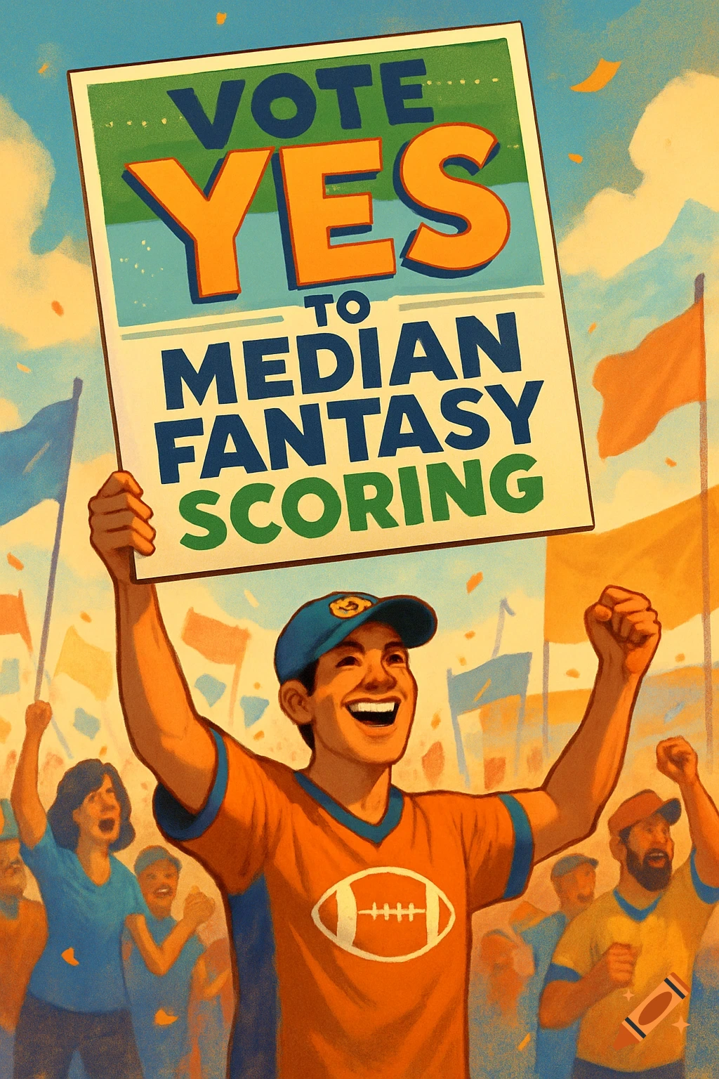 A cheering crowd, led by a man in a football jersey holding a sign that says 'VOTE YES TO MEDIAN FANTASY SCORING' in an illustrative style.