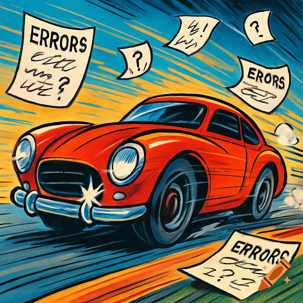 A cartoon red race car zooms forward, trailed by papers labeled 'Errors' and question marks against a streaked blue and orange background.