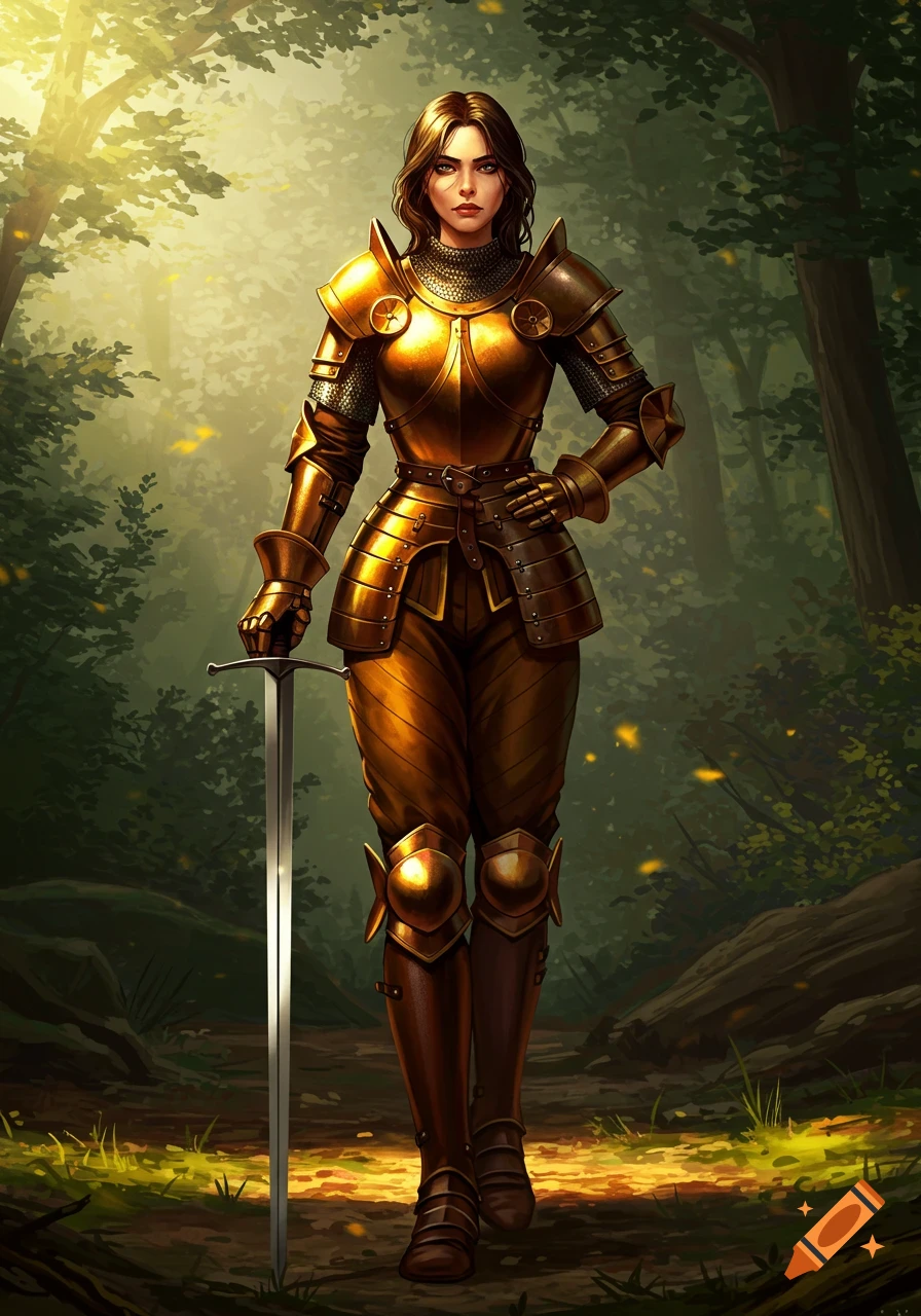 A female knight in shining golden armor stands in a sunlit forest, holding a large sword.
