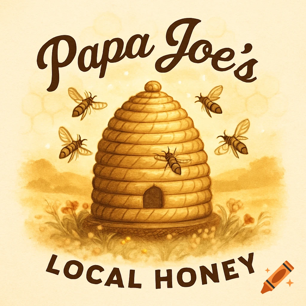 A vintage-style logo for Papa Joe's Local Honey, featuring a beehive, bees, and flowers on a light background.