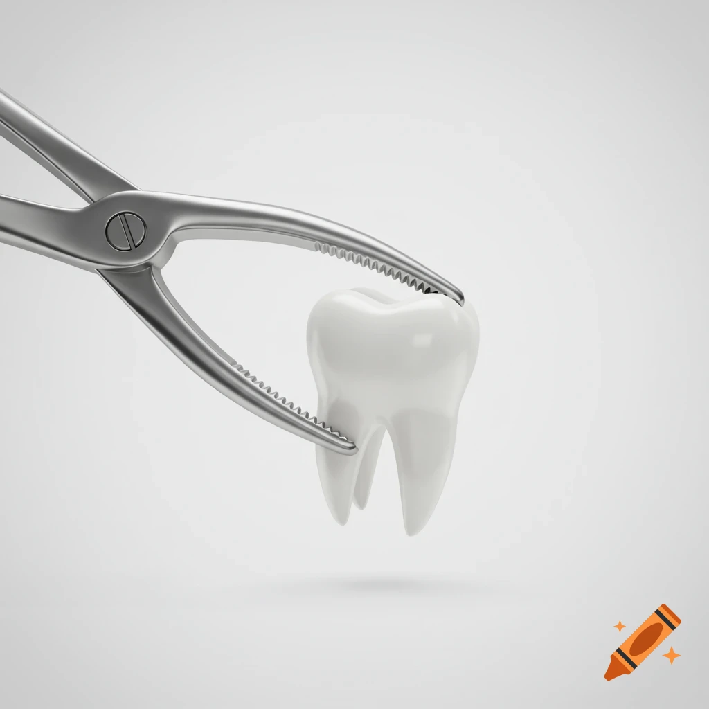 A close-up of a silver dental forcep gripping a perfectly white tooth against a plain white background.