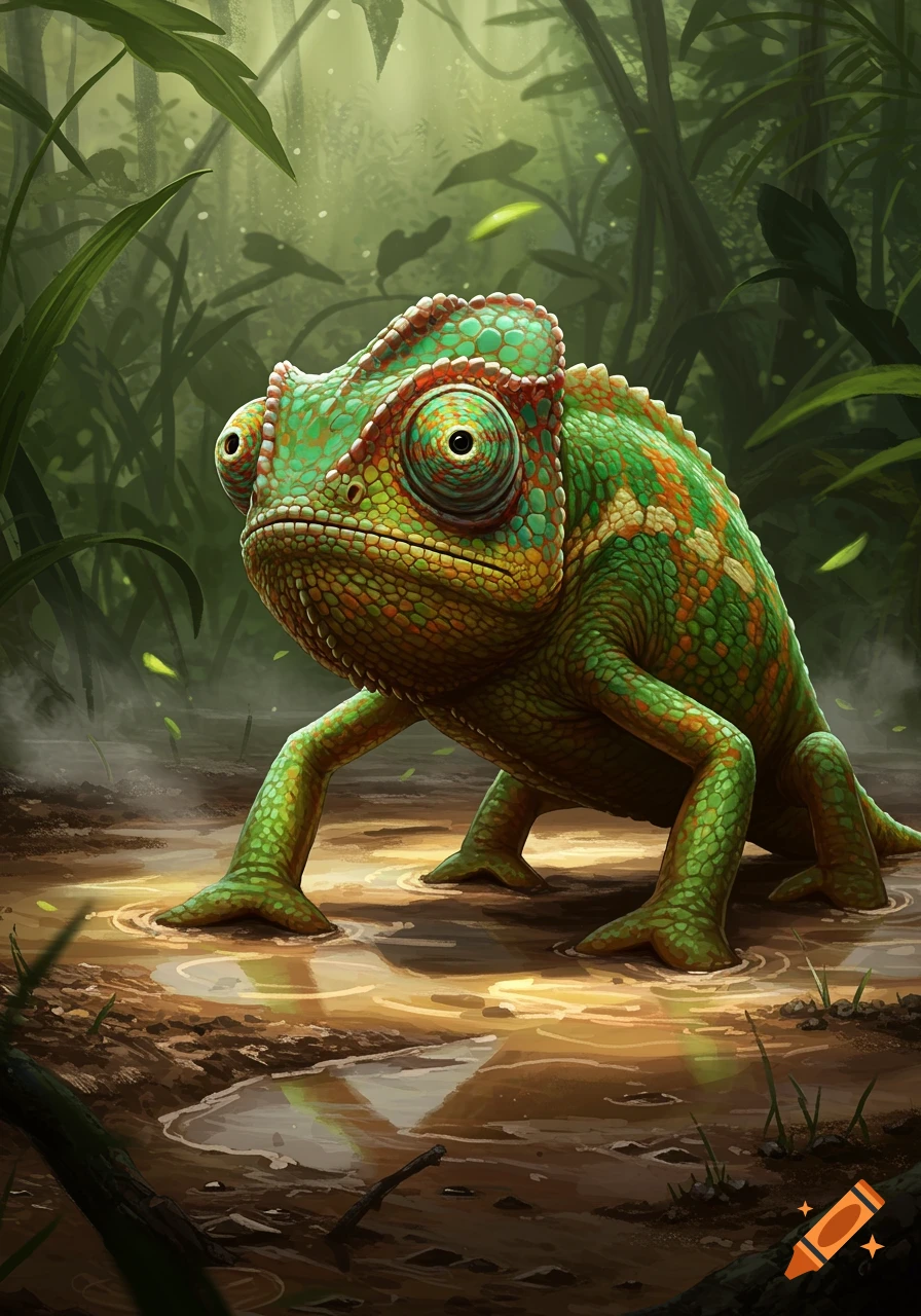 A detailed, colorful illustration of a chameleon with large eyes standing in muddy puddles in a lush jungle.