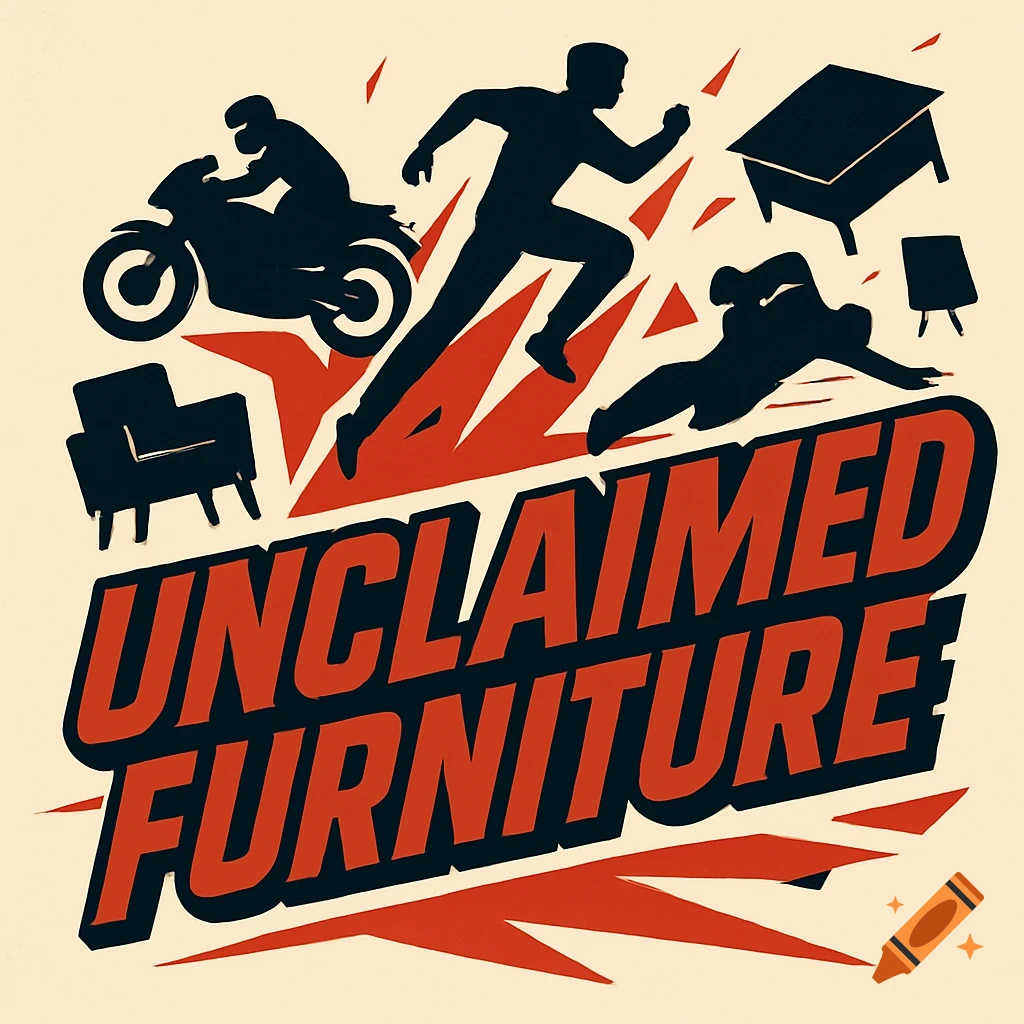 Action movie themed logo for 'Unclaimed Furniture' with silhouetted figures and furniture.