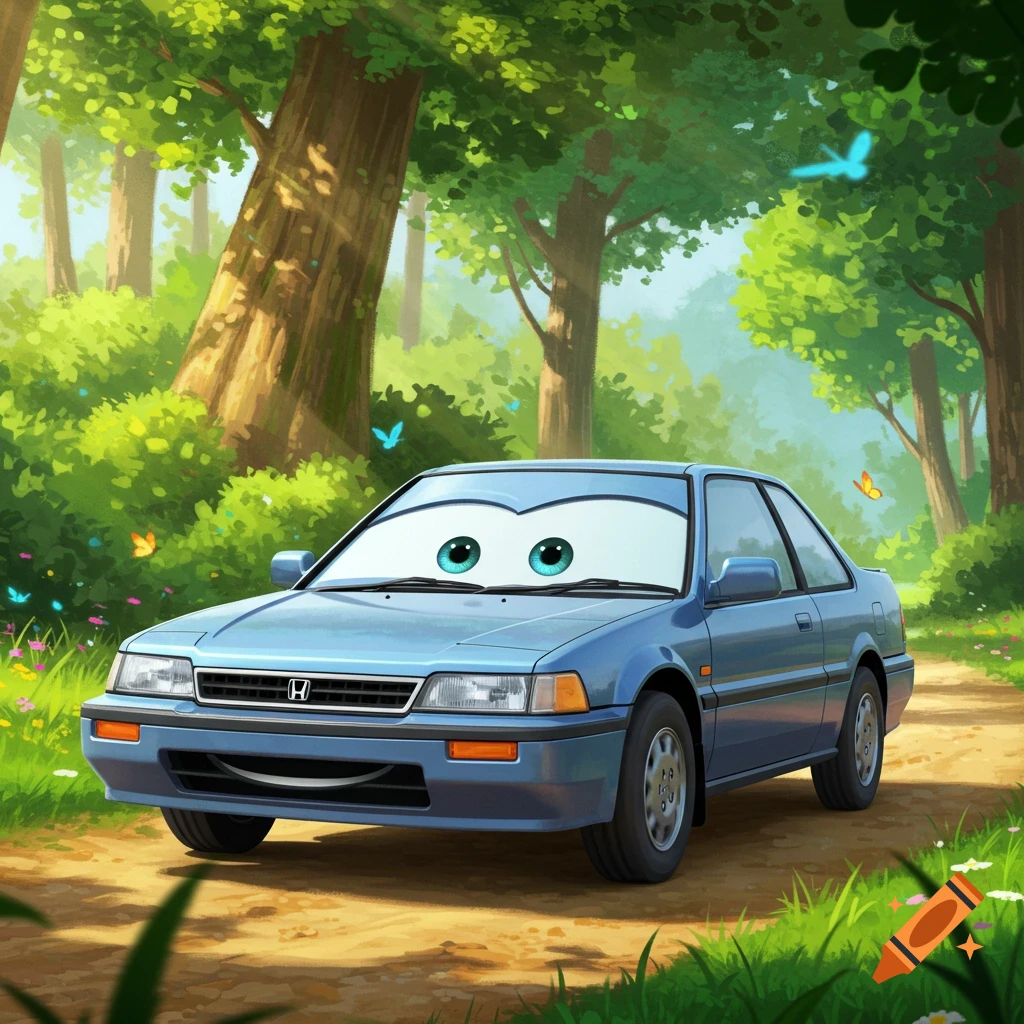 A blue 1988 Honda Accord with animated eyes and a smile drives on a dirt path through a vibrant green forest, in the style of Pixar's Cars.