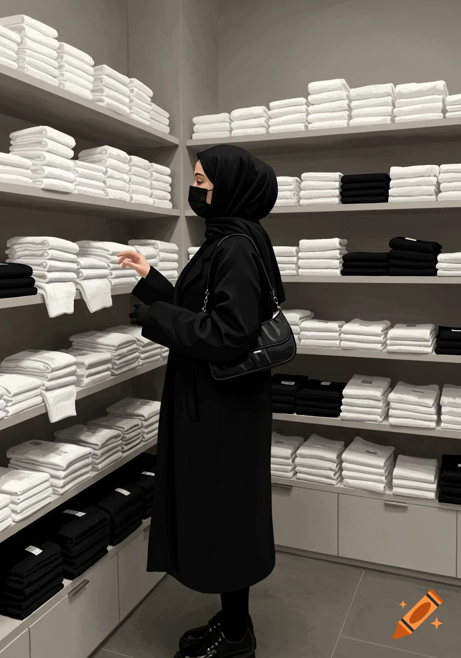 A woman in a black abaya, hijab, and face mask is shopping in a store, reaching for a folded white garment on a shelf. The shelves are filled with stacks of folded white and black clothing.