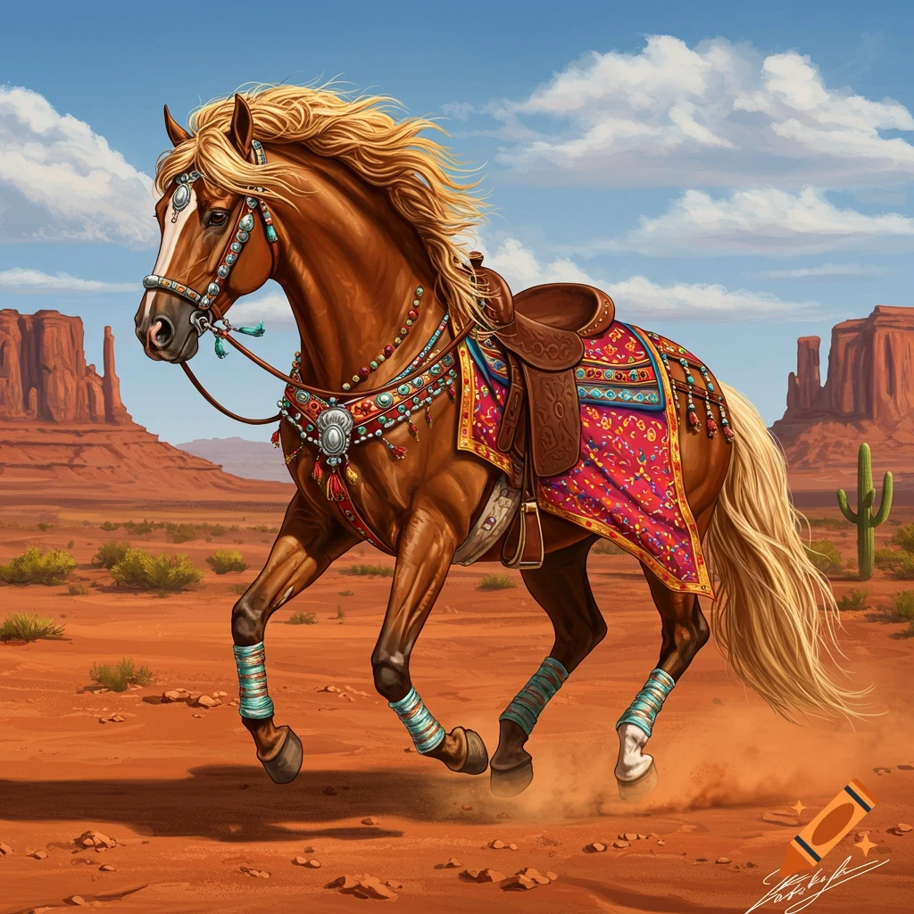 A brown horse with a flowing blonde mane and tail, adorned with elaborate colorful beaded tack, runs through a sandy desert with mesas and a cactus under a blue sky.