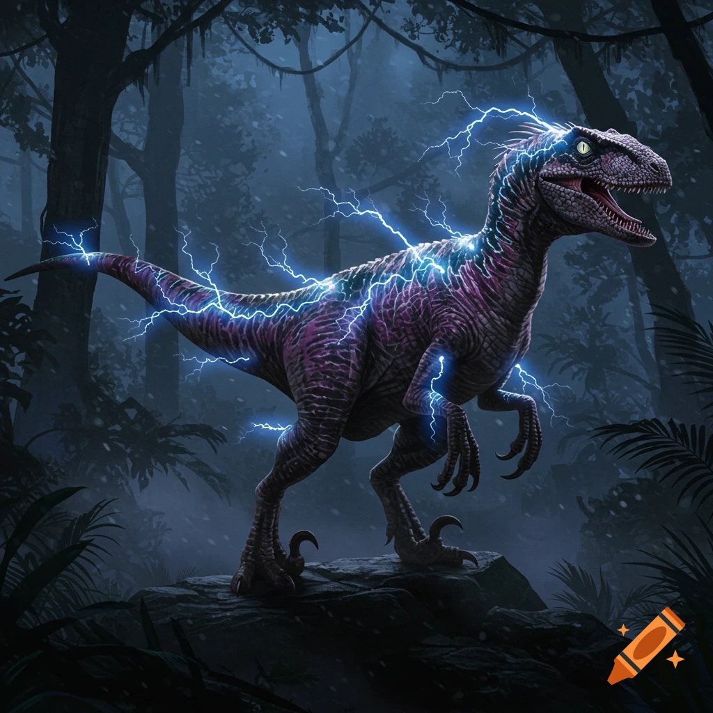 A purple and black velociraptor with blue electricity crackling around its body stands in a dark, misty jungle.