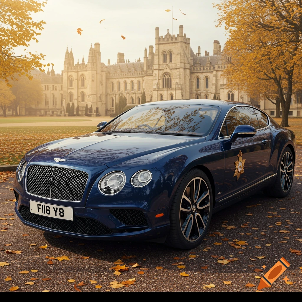 A dark blue Bentley Continental GT with a golden emblem on its side, parked on a paved area covered with autumn leaves, in front of a grand, historic stone building.