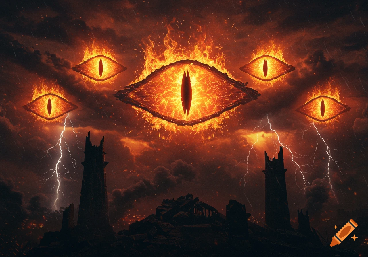 Five flaming, reptilian eyes glow against a dark, stormy sky with lightning striking ruined towers.