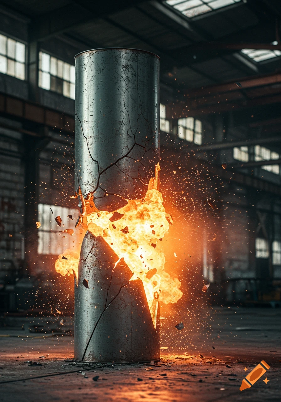 A tall, cracked metal cylinder explodes with bright orange flames and sparks in a dark industrial warehouse.