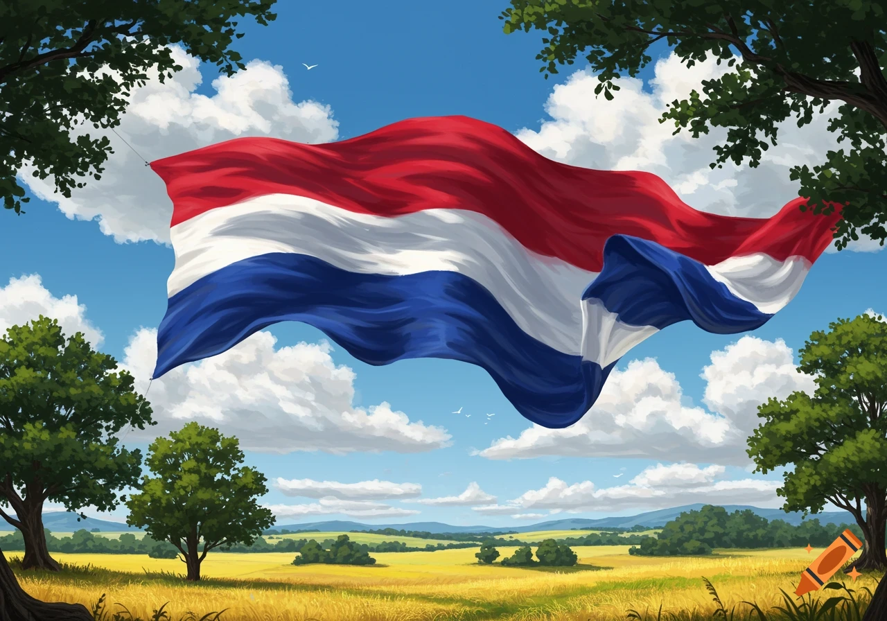 A vibrant Dutch flag waves across a blue sky with white clouds, over a golden field and green trees.