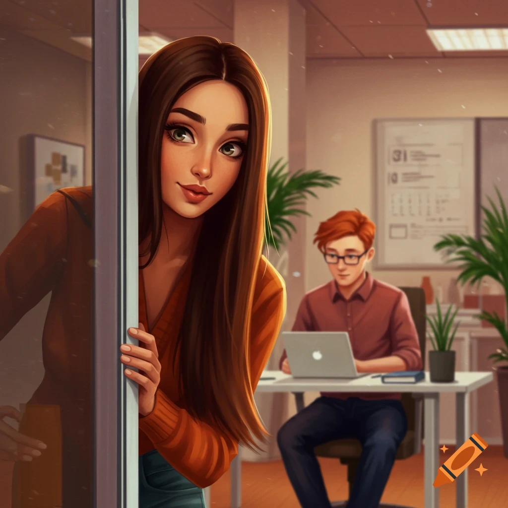 A woman with long brown hair peeks around a doorway at a red-headed man working on a laptop at a desk in an office, in an illustrative style.
