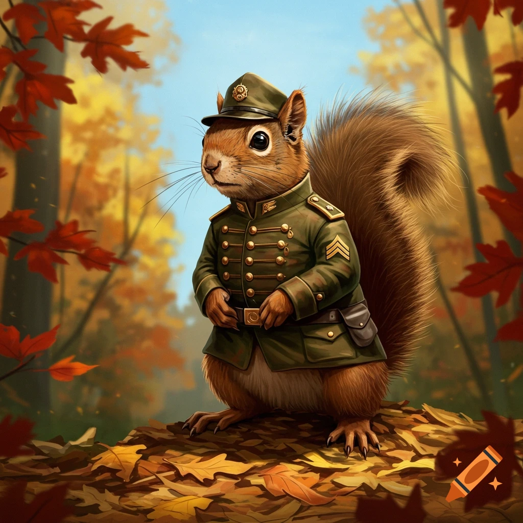A squirrel dressed as a military sergeant stands on autumn leaves in a forest.