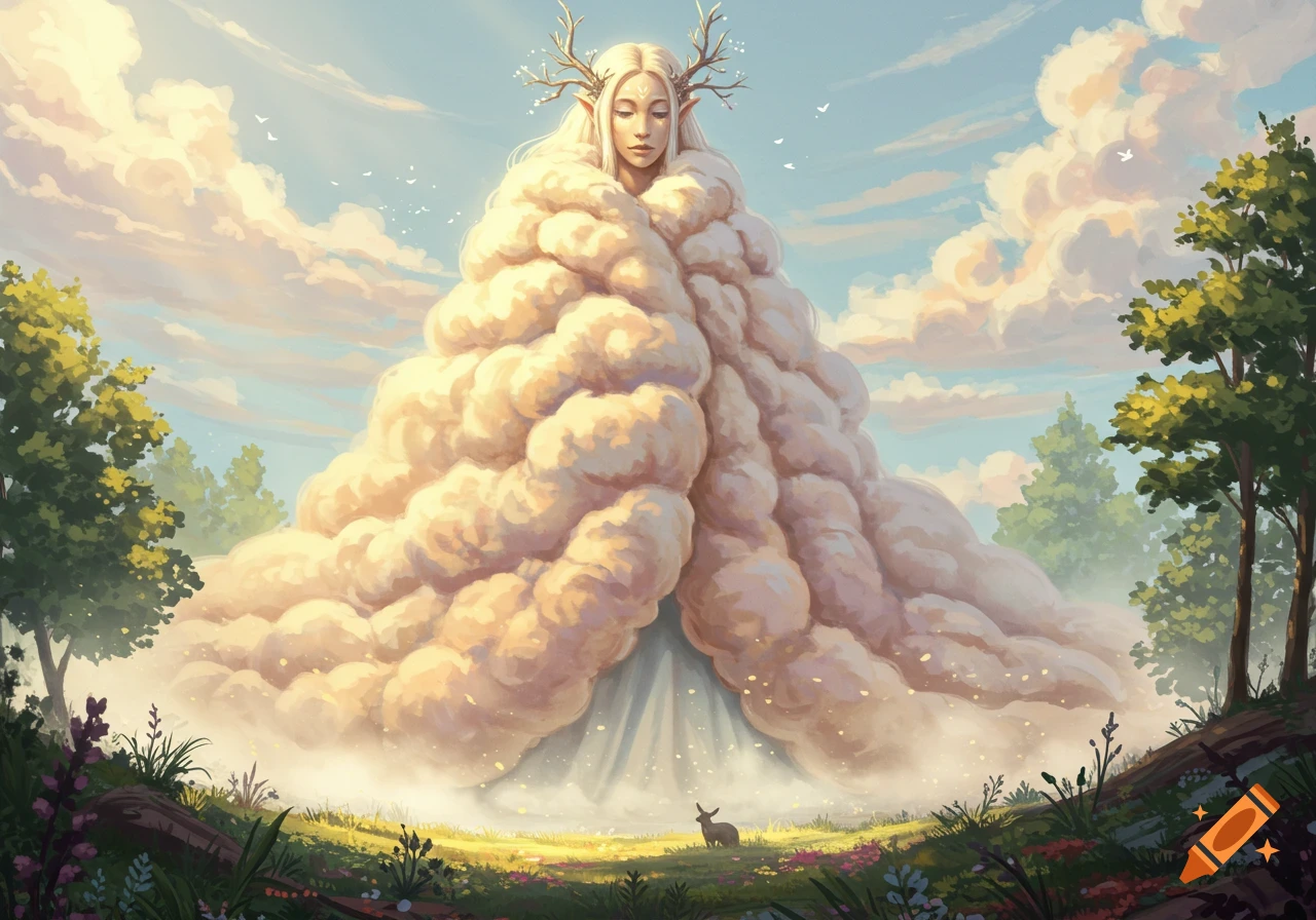 A giantess-like figure with antlers and long white hair emerges from fluffy clouds over a vibrant green landscape with trees and a small rabbit.