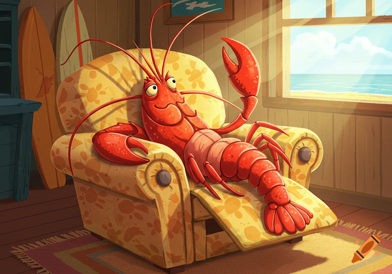 A cartoon red lobster happily reclines in a yellow floral armchair, basking in sunlight from a window overlooking a sunny beach and ocean.