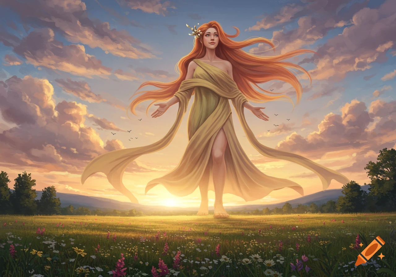 A giant woman with long red hair and a flowing yellow dress stands in a vibrant green field with wildflowers at sunset.
