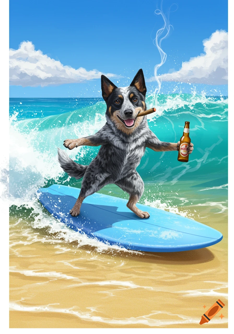 An Australian Cattle Dog surfs on a blue board at a sunny beach, holding a beer bottle and smoking a cigar.