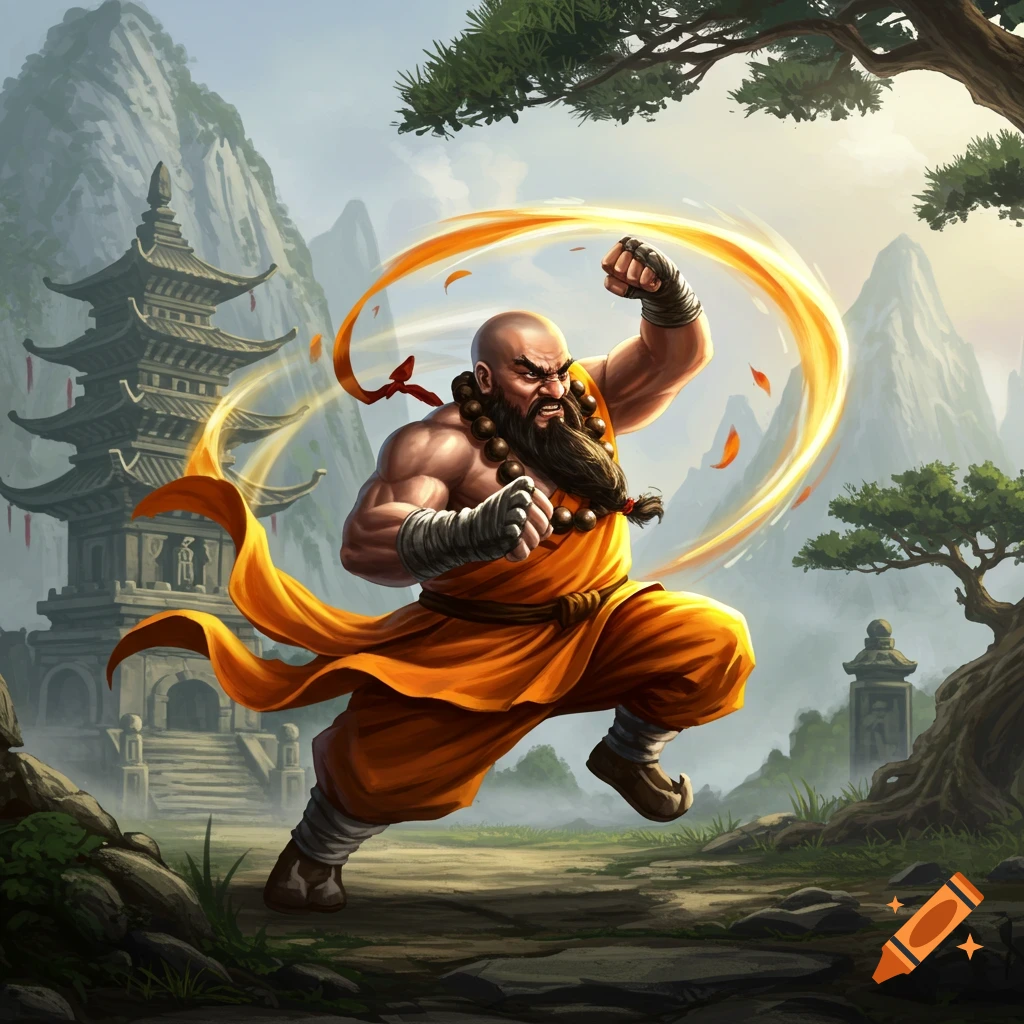 A muscular bald monk with a long beard in an orange robe punches with an aura of motion blur in front of a pagoda and mountains, in a fantasy art style.