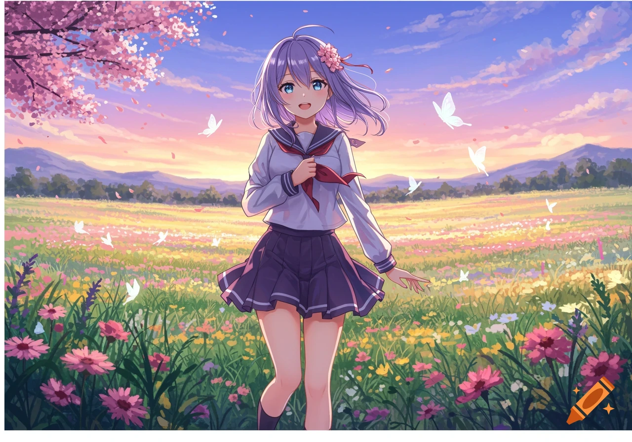 Anime girl with purple hair in school uniform stands in a wildflower field with cherry blossoms, butterflies, and mountains at sunset.