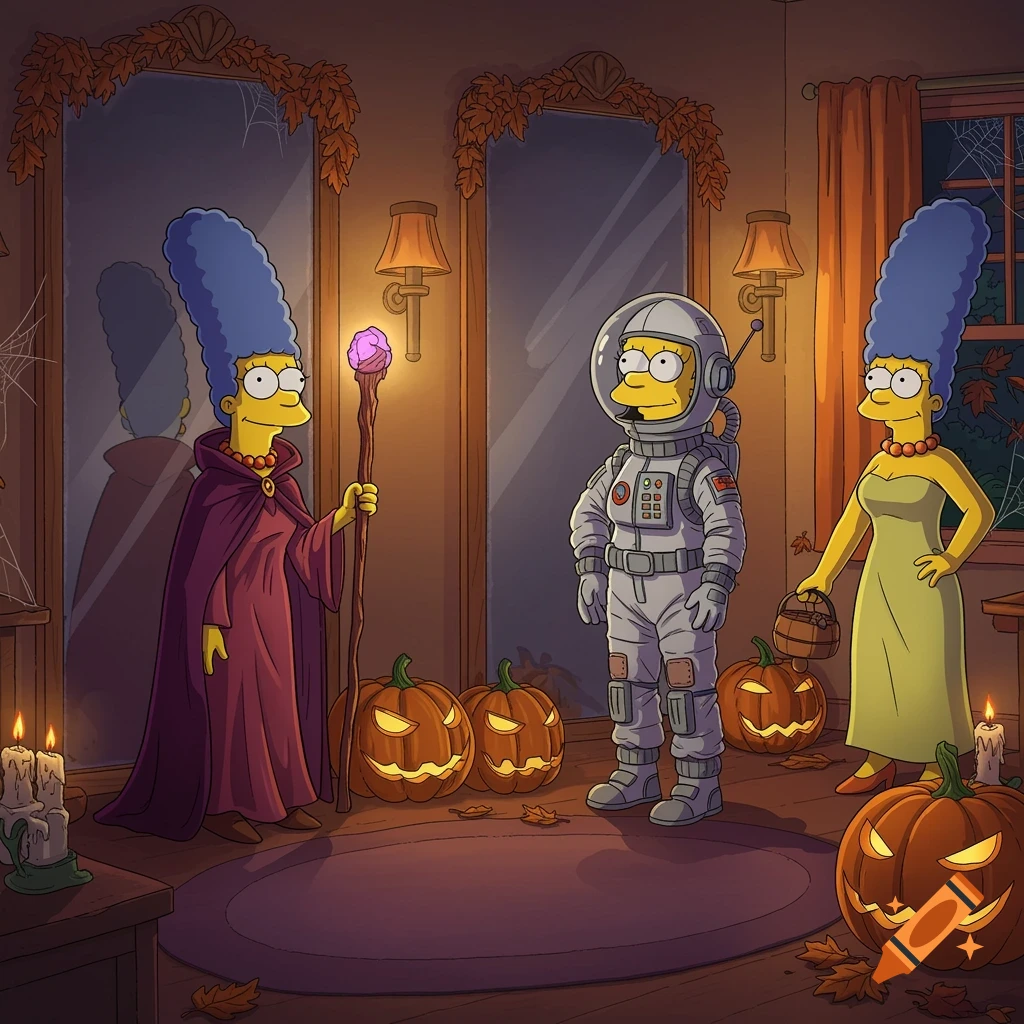 Cartoon Marge Simpson characters in Halloween costumes: a witch, an astronaut, and classic Marge, with jack-o'-lanterns.