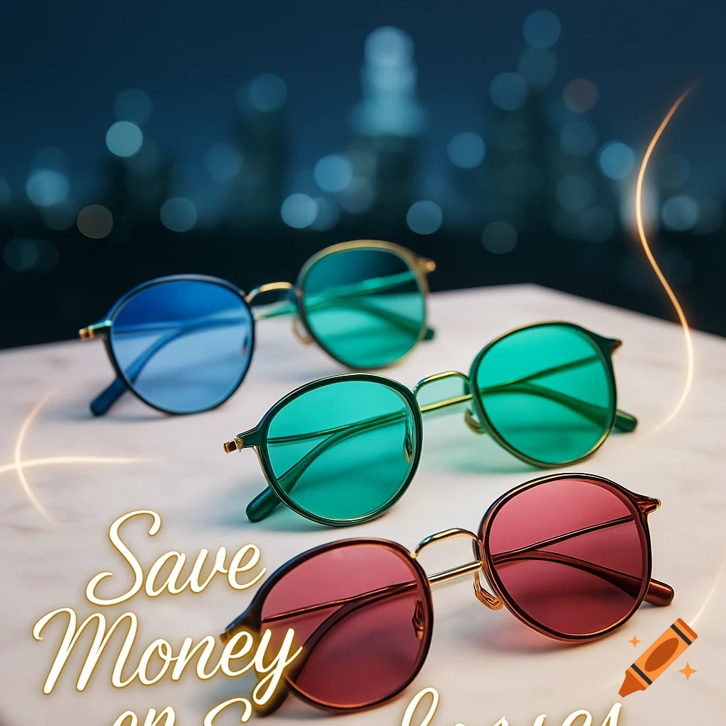Close-up of three pairs of stylish eyeglasses with colored lenses (blue, green, red) on a white surface, with a blurry city skyline in the background. The text 'Save Money on Eyeglasses' is prominent in the foreground.