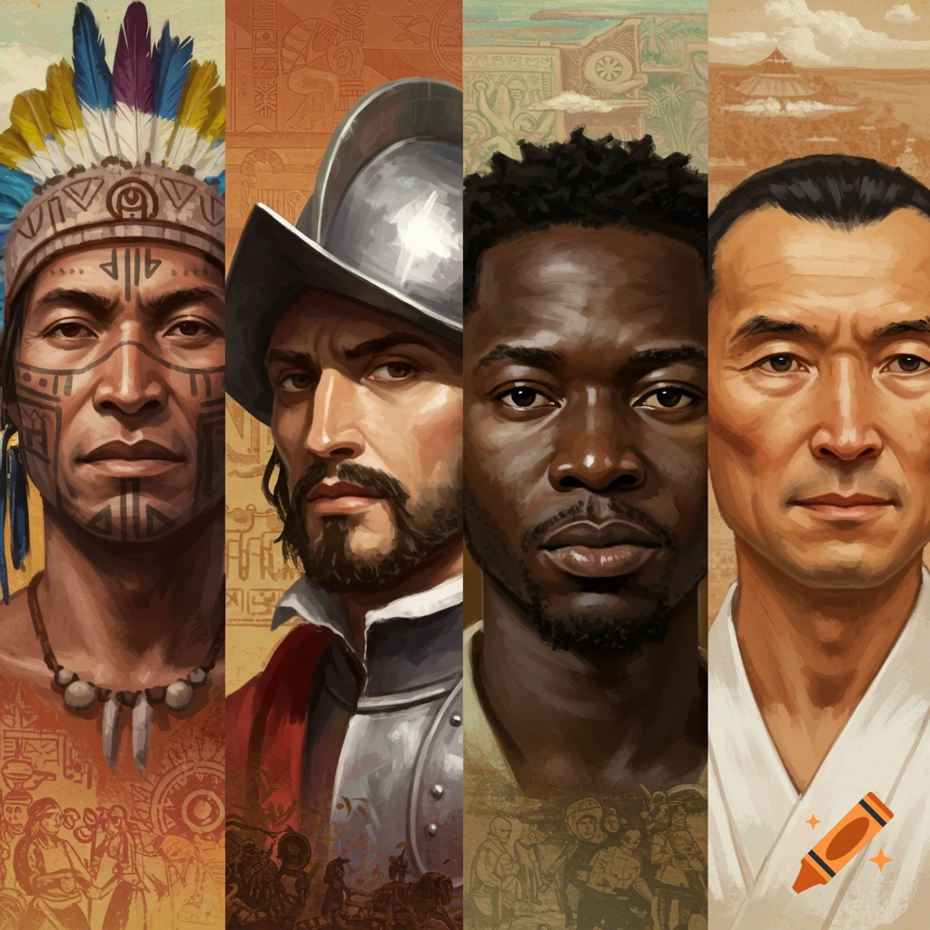 Four illustrated portraits in vertical panels: a Native American man, a Conquistador, a Black man, and an East Asian man.