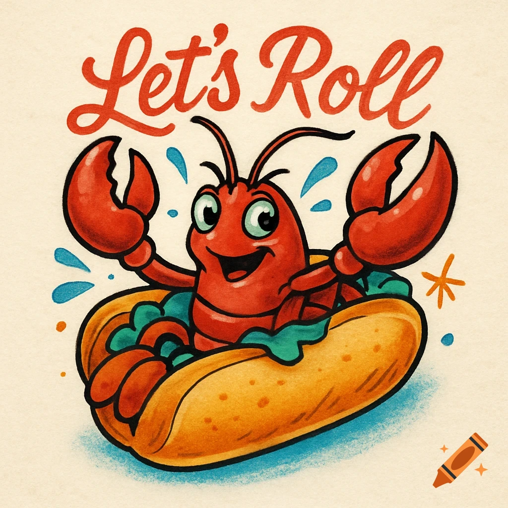 A vibrant illustration of a happy cartoon lobster in a hot dog bun with the text 'Let's Roll' above.