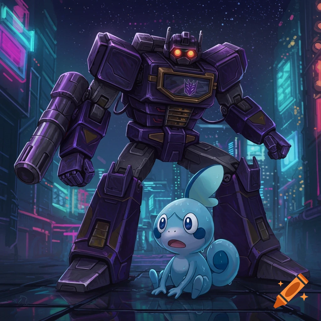 A large purple robot, Shockwave, stands in a futuristic, neon-lit city alongside a small, light blue Pokemon, Sobble, who looks surprised.