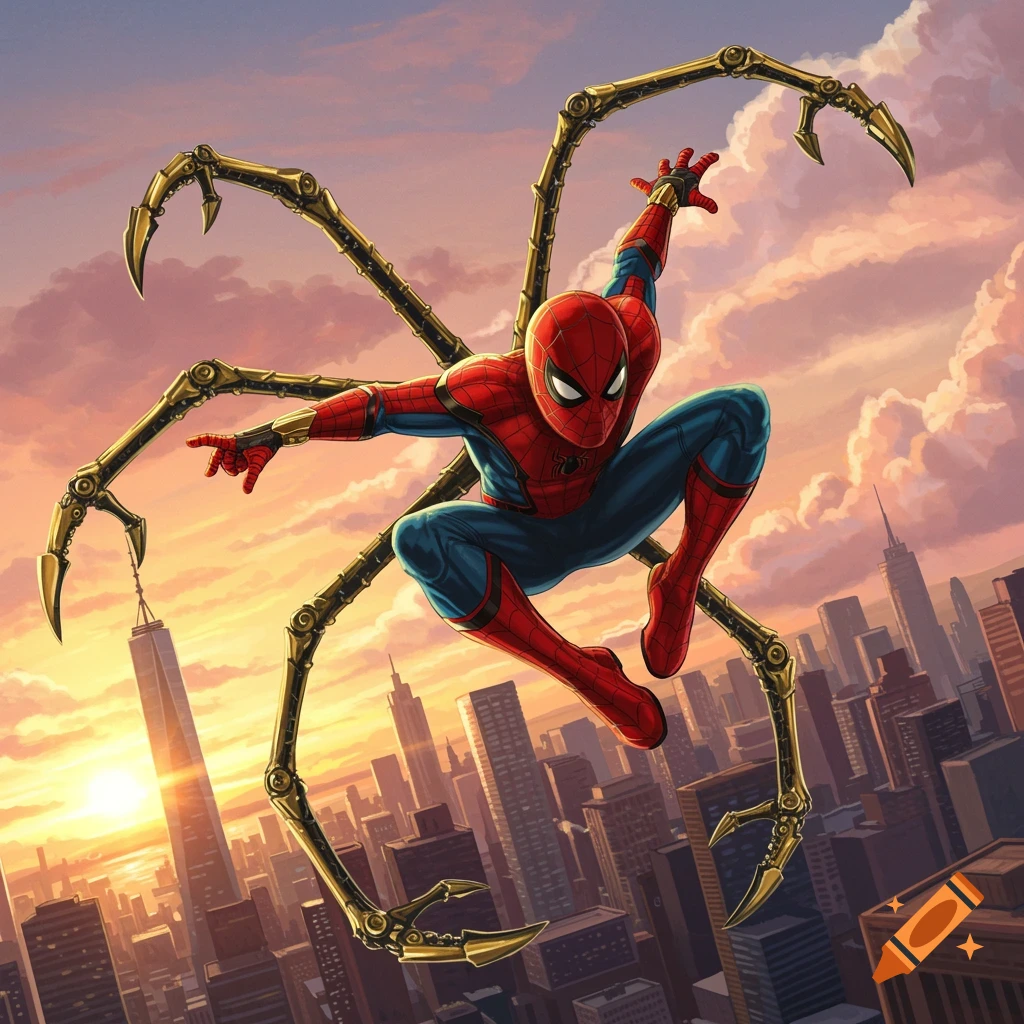 Spider-Man with golden mechanical arms leaps over a city skyline at sunset in a comic art style.