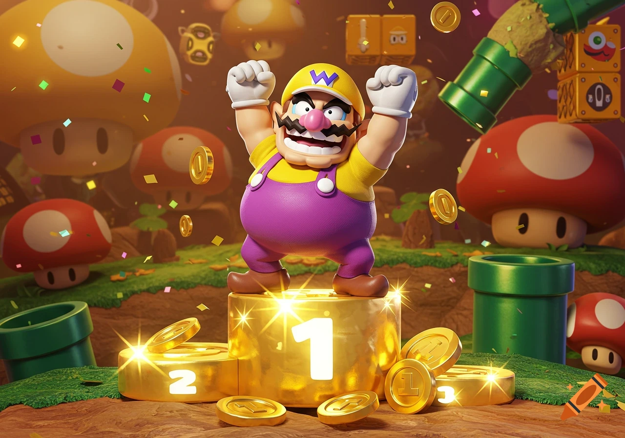 Wario on a gold podium with coins, celebrating in a vibrant video game setting with mushrooms and pipes.